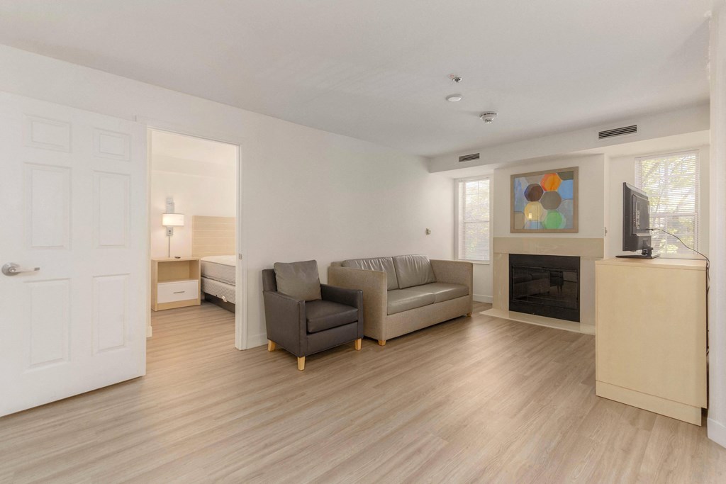 a living room with two couches and a fireplace